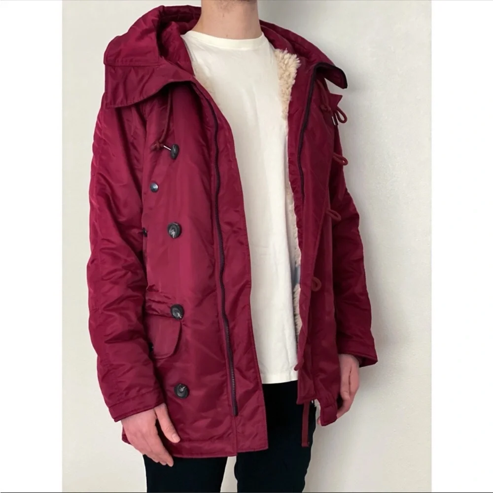 NEW True Religion Parka Fur Sherpa Zip Button Winter Jacket Hooded Coat Maroon - Picture 2 of 12